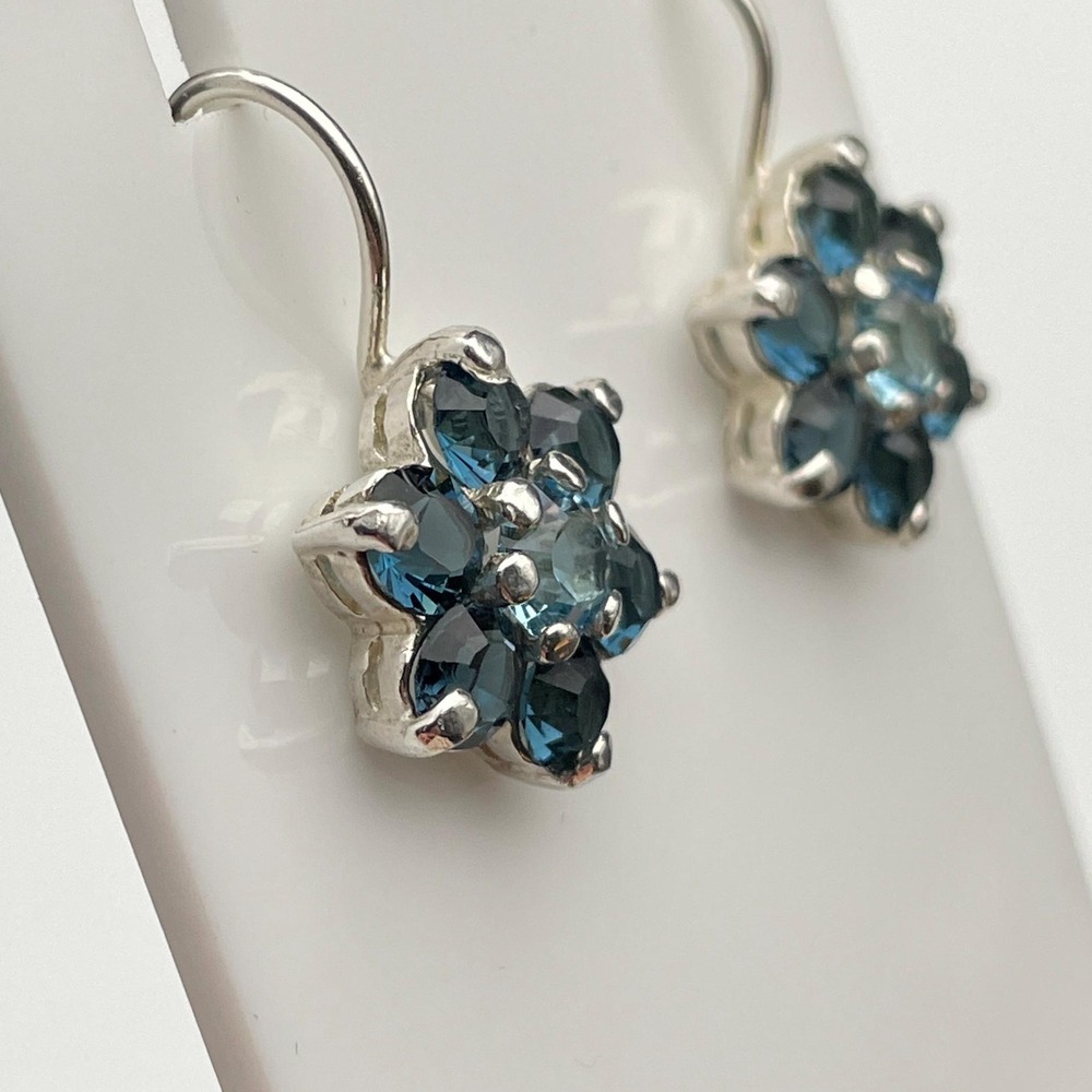Sterling Silver Blue Topaz Color CZ Petite Flower Drop Earrings Elegant Dainty - Picture 3 of 7